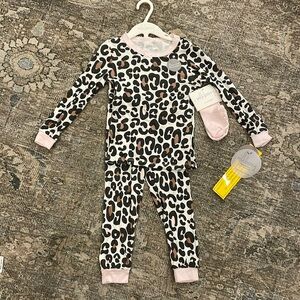 Milkberry Girls Pajamas 24M White Leopard Print Bamboo 3pc Set Long sleeve pj